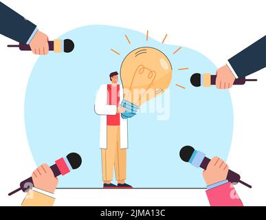 Conférence de presse du scientifique tenant une ampoule. Petit homme entouré de mains tenant des microphones illustration vectorielle plate. Science, concept de nouvelles pour Illustration de Vecteur