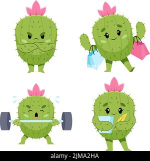 Ensemble de cute cactus dessinés à la main se mettre en colère, shopping, lever barbell, écrire Illustration de Vecteur