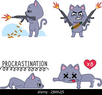 Ensemble de jolis chats dessinés à la main, tirant avec une arme à feu, allongé avec procrastination, sensation d'amour Illustration de Vecteur