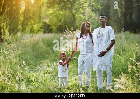 African American family au costume national nigérian blanc s'amusant piscine Banque D'Images