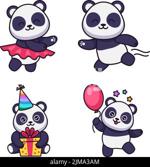 Ensemble de pandas mignons dessinés à la main dansant, courant, tenant une boîte cadeau, debout avec un ballon Illustration de Vecteur