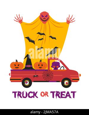 Affiche de fantaisie pour Halloween ou de traite. Mignonne de fêtes effrayantes citrouille, chapeau de sorcière, crâne, fantôme dans un élément de conception de camion. Illustration de Vecteur
