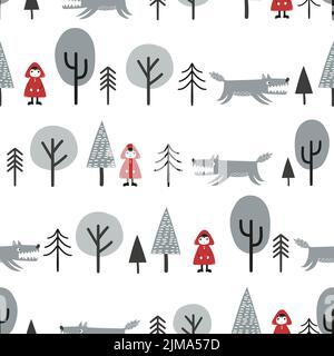 Motif de conte de fées Red Riding Hood sans couture. Petite fille et loup dans la forêt. Illustration de Vecteur