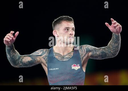 George Ramm, en Angleterre, lors du match de football Freestyle Wrestling 65kg à la Coventry Arena le huitième jour des Jeux du Commonwealth 2022. Date de la photo: Vendredi 5 août 2022. Banque D'Images