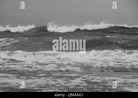 Une vue panoramique en niveaux de gris des vagues de mer qui lavent le rivage Banque D'Images