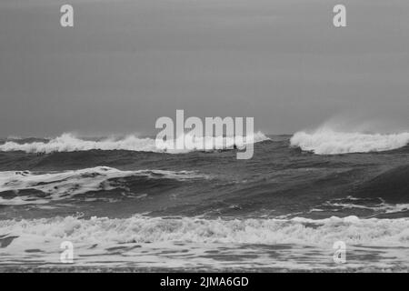 Une vue panoramique en niveaux de gris des vagues de mer qui lavent le rivage Banque D'Images