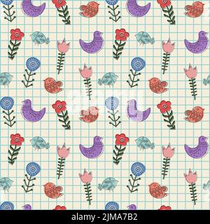 Motif vectoriel coloré sans couture avec fleurs printanières et oiseaux dessinés à la main dans un carnet à carreaux Illustration de Vecteur