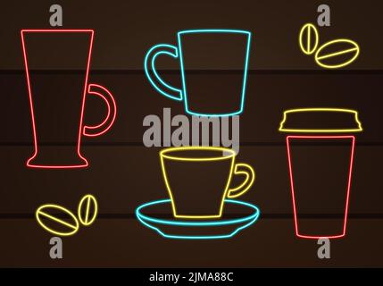 Ensemble d'icônes de café plat au néon. Illustration de Vecteur