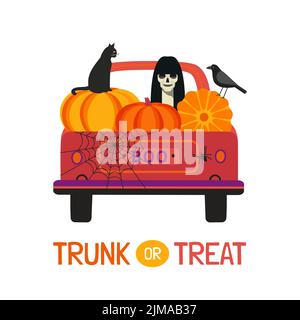 Affiche vectorielle à plat fantaisie pour Halloween Trunk ou Treat. Camion de vacances avec fantôme effrayant, citrouilles, chat noir, l'élément de dessin animé de corbeau. Joyeux Halloween Illustration de Vecteur
