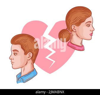 Divorce couple marié, rupture de la relation d'amour, querelle, la séparation homme et femme icône. Conflit mari, femme. Famille malheureuse. Vecteur cardiaque brisé Illustration de Vecteur