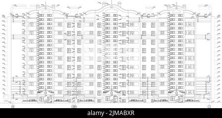Façades de bâtiments à plusieurs étages, dessin technique architectural détaillé, plan vectoriel Illustration de Vecteur
