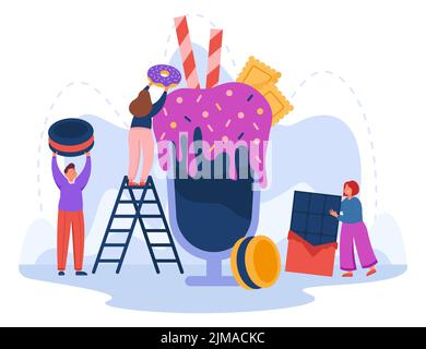 De petites personnes qui font une énorme illustration vectorielle plate de doux cocktail. Des personnages de dessin animé masculins et féminins cuisent un dessert. Hommes et femmes portant un grand biscuit Illustration de Vecteur