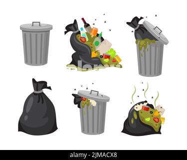 Jeu d'illustrations vectorielles pour sacs poubelle et poubelle. Collecte de sacs noirs avec des déchets alimentaires, ouvrir les poubelles sales ou les bennes à ordures avec des ordures ou de la malbouffe Illustration de Vecteur