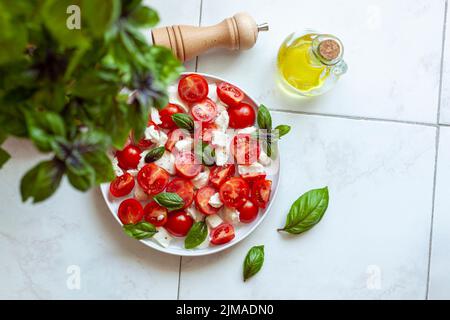 portion de salade de caprese sous la plante de basilic, vue de dessus, copyspace, foyer sélectif Banque D'Images