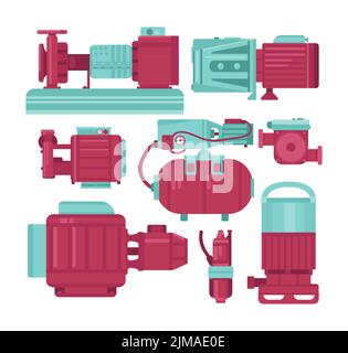 Jeu d'illustrations vectorielles plates pour pompes à eau à moteur électrique. Équipement de pompage électronique, réservoir d'air ou compresseur, alimentation en eau, moteur industriel est Illustration de Vecteur