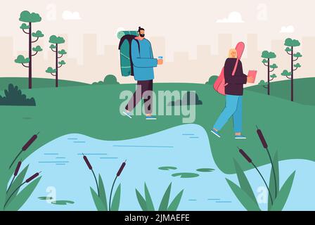 Touristes marchant au bord du lac ou trekking. Homme et femme avec des billets et une illustration vectorielle plate de la carte. Camping, activités de plein air, concept nature pour banne Illustration de Vecteur