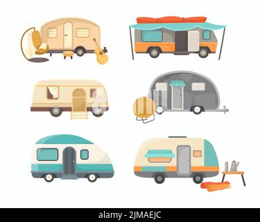 Ensemble d'illustrations de bandes-annonces de véhicules de camping ou de maisons. Fourgonnettes d'époque, mobile home ou camping-car pour le voyage, l'aventure, le voyage en famille d'été vaca Illustration de Vecteur