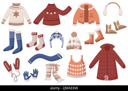 Ensemble de vêtements en laine à dessin vectoriel. Adorables dessins animés avec vêtements d'hiver pour femmes, chandails ou pull-overs, bottes, chapeaux, foulards, gants et gant Illustration de Vecteur