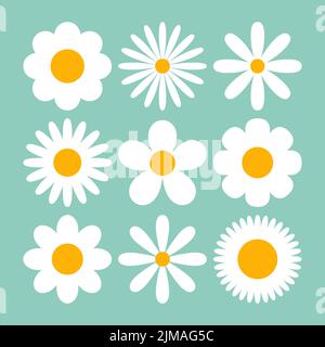 Divers daises blanches sur fond bleu dessin animé jeu d'illustrations. Chamomiles ou chamomiles avec différents pétales. Motif fleuri sans couture. Blossom, spr Illustration de Vecteur