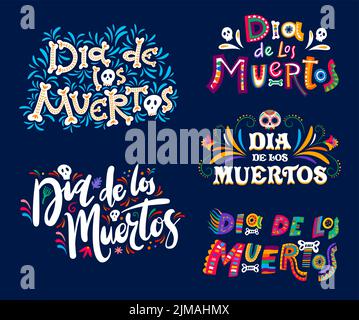 Dia de los muertos vacances mexicaine lettrage, jour de mort texte avec éléments de dessin animé. Écrits vectoriels avec des os humains, des crânes de sucre et des fleurs. CREA Illustration de Vecteur