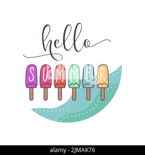 Bannière vectorielle avec barres de crème glacée multicolores et lettrage Hello Summer Illustration de Vecteur