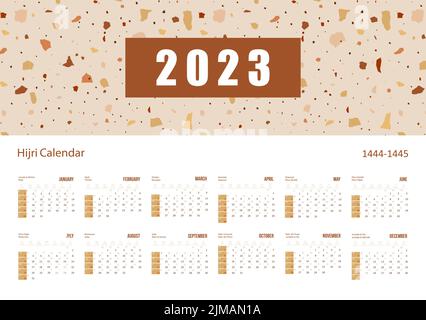 Calendrier islamique et grégorien de Hijri 2023. Modèle vectoriel de 1444 à 1445 avec texture terrazzo vénitienne. Semaine commençant le dimanche. Prêt à imprimer Illustration de Vecteur