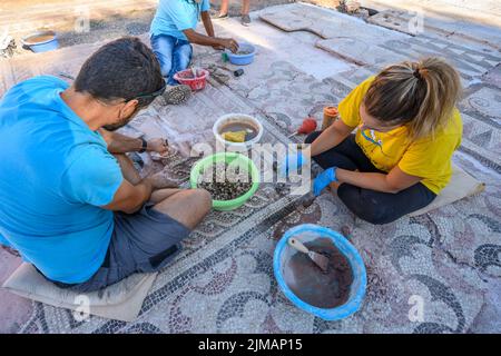 Les archéologues de la restauration d'un sol de mosaïque à l'ancienne Messène (Ithomi), Messénie, Sud du Péloponnèse, Grèce Banque D'Images