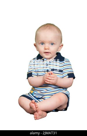Bébé garçon de 10 mois sur fond blanc Banque D'Images