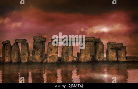 Stonehenge paysage une œuvre surréaliste d'une photographie, de l'eau d'inondation numérique et des réflexions moody couleurs et textures fantasy obscurité et lumière Banque D'Images