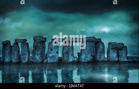 Stonehenge paysage une œuvre surréaliste d'une photographie, de l'eau d'inondation numérique et des réflexions moody couleurs et textures fantasy obscurité et lumière Banque D'Images