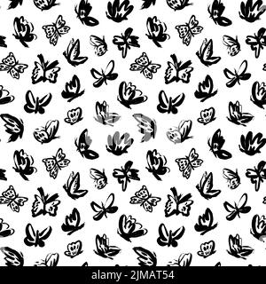 Motif noir sans couture noir à motif papillon dessiné à la main Illustration de Vecteur