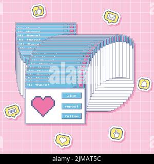 Fenêtre gelée avec cœur pixel art et boutons d'interface utilisateur rétro. Pixels icônes autocollants - commentaire, comme, coeur, cloche, message.Nostalgique Y2K estheti Illustration de Vecteur