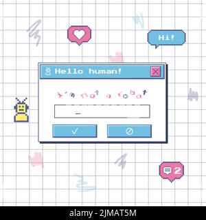 Une boîte de dialogue avec une vérification de robot. Une fenêtre captcha dans le style d'un ancien ordinateur. Interface utilisateur rétro 90s nostalgique. Autocollants pixel avec icônes. Vecteur i Illustration de Vecteur