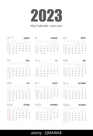 Calendrier islamique et grégorien de Hijri 2023. De 1444 à 1445 modèle de célébration de vecteur. Semaine commençant le dimanche. Prêt pour l'impression. Bureau minimal et plat Illustration de Vecteur