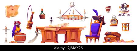 Intérieur de cabine pirate, ensemble isolé. Table en bois, vieille carte, coffre au Trésor, perroquet et tonneau avec rhum, chapeau capiteux, chaise, lunette et bouteille avec message, illustration vectorielle de dessin animé Illustration de Vecteur