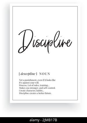 Discipline, vecteur. Design poster minimaliste. Art mural, discipline nom description. Texte Design isolé sur fond blanc, lettrage. Art mural Illustration de Vecteur