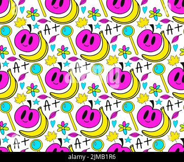 Modèle de style rétro 70s pour la rentrée des classes. Texture psychédélique motif hippie. L'école et l'éducation griffonnages fond dessiné à la main. Vector Illustration de Vecteur