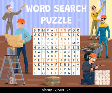 Contremaître et travailleurs. Feuille de calcul de jeu de puzzle de recherche de mot. Énigme de texte éducatif avec des mots de trouver la tâche, les enfants vecteur vocabulaire quiz avec la construction Illustration de Vecteur