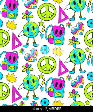 Modèle de style rétro 70s pour la rentrée des classes. Texture psychédélique motif hippie. L'école et l'éducation griffonnages fond dessiné à la main. Vector Illustration de Vecteur