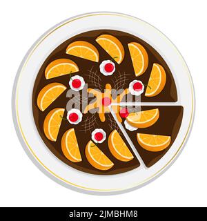 Gâteau au biscuit au chocolat sur l'assiette, tarte parfumée aux tranches d'orange, aux cerises et à la crème. Vue sur le plateau des desserts exotiques. Vecteur de dessin animé isolé sur fond blanc Illustration de Vecteur