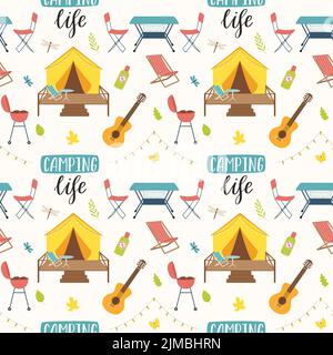 Motif Camping sans coutures. Équipement et équipement de voyage. Éléments plats dessinés à la main et lettrage, tente de glamping, guitare. Toile de fond pour le site Web, la bannière, le texte Illustration de Vecteur