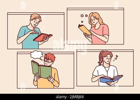 Des gens heureux lisant des livres. Les hommes et les femmes souriants aiment la littérature. Éducation et connaissances. Illustration vectorielle. Illustration de Vecteur