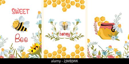 Abeille heureuse avec fleurs sauvages, pot de verre miel avec nid d'abeille, fleurs sauvages, abeille mignonne, tournesol, camomille. Composition pour votre marque, logo, étiquette, carte postale. Illustration vectorielle. Illustration de Vecteur