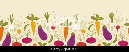 Jolis légumes dessinés à la main motif sans couture, fond sain de coodle avec carottes, aubergines, oignons - motif vectoriel Illustration de Vecteur