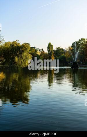 Paysage vert vif près du lac dans le jardin de Cismigiu (Gradina Cismigiu), un parc public dans le centre-ville de Bucarest Banque D'Images