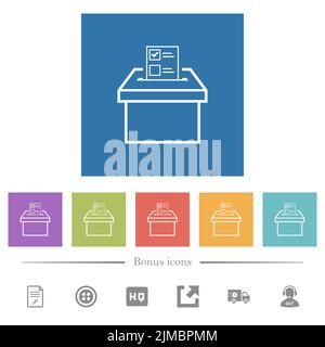 Le papier de vote et l'urne présentent des icônes blanches plates sur fond carré. 6 icônes bonus incluses. Illustration de Vecteur