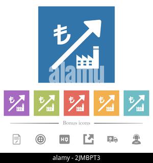 La centrale électrique montante turque Lira prix des icônes blanches plates dans des fonds carrés. 6 icônes bonus incluses. Illustration de Vecteur