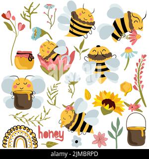 Faisceau d'abeille. Abeille mignonne en fleur, fleurs sauvages, nid d'abeille, pot de verre miel. Caricature des abeilles avec des émotions différentes. Nature, produit biologique. Illustration vectorielle. Illustration de Vecteur