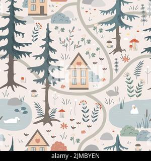 Joli motif sans couture avec éléments de paysage forestier. Animaux de dessin animé, lac, maisons, arbres et fleurs. Fond vectoriel scandinave Illustration de Vecteur