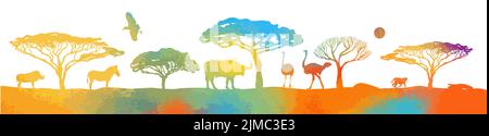 Animaux africains colorés. Paysage africain. Illustration vectorielle Illustration de Vecteur
